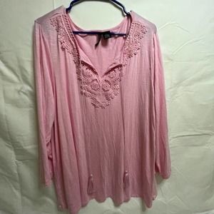 New Directions Pink Crochet Neckline Blouse - Sz Large Long Sleeve EUC